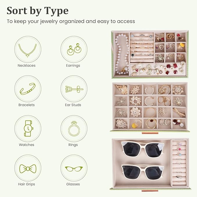 Dajasan Jewelry Box Organizer, 3-Tier Jewelry Storage with 2 Drawers, Large Jewelry Boxes for Women, PU Leather Surface with 
