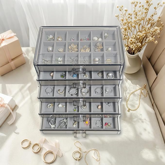 Acrylic Earring Holder Organizer with 5 Drawers Clear Earring Organizer Box with 90 Adjustable Grids Velvet Earring Display C
