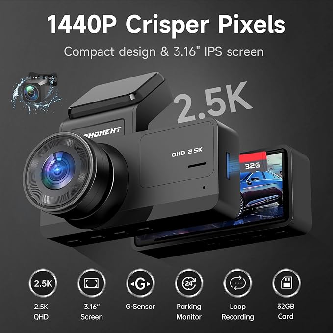 Dash Cam Front and Rear, 2.5K Dual Dash Camera for Cars, Car Camera with 3.16" IPS Screen, 170° Wide Angle, WDR Night Vision,