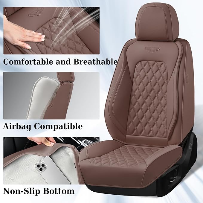 Coverado Full Set Car Seat Covers, Brown Leather Seat Protectors for Cars, Waterproof Luxury Front & Back Car Seat Covers, Un