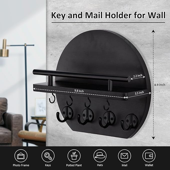Nekon Key Holder for Wall - 9.8 Inch Apartment Wall Decor with Shelf and 8 Key Hooks, Circular Wood Key Hanger for Home Decor