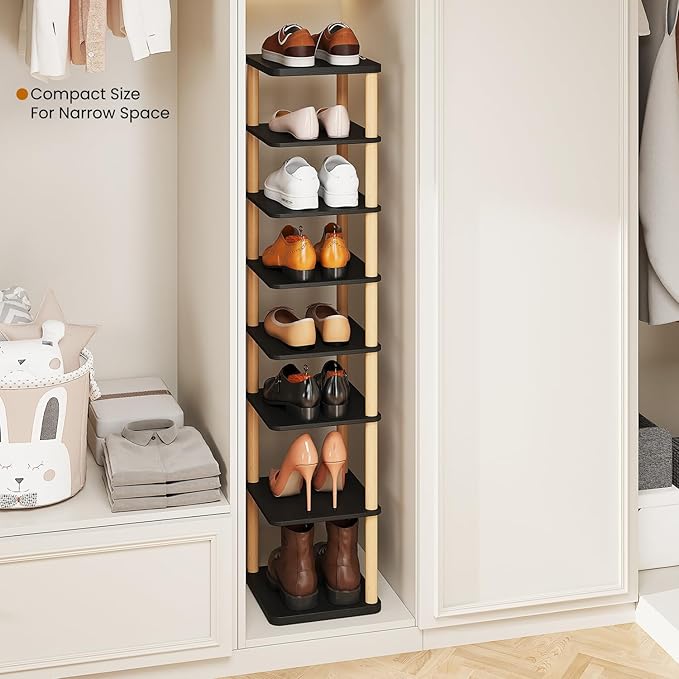 LUCKNOCK Vertical Shoe Rack, 8-Tier Tall Narrow Shoe Organizer for Entryway, Closet, Dorm & Small Spaces, Freestanding Wooden