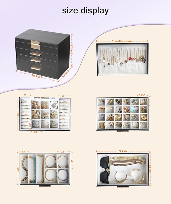 BOOVO Jewelry Boxes for Women, 5 Layer Jewelry Organizer with Necklace Hanger and Drawers, Large Jewelry Box for Earrings, Ne