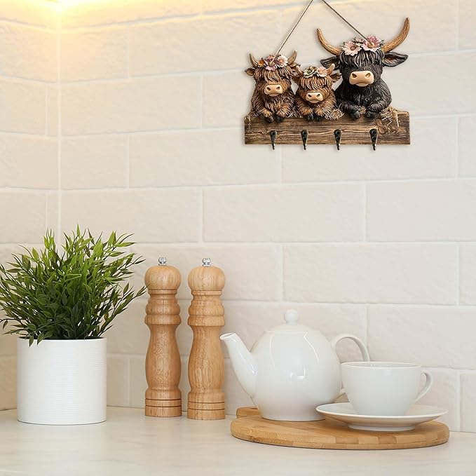 2D Highland Cow Key Hooks for Wall - Wooden Key Holder and Organizer with Flat Design for Home, Office, or Garage Decor
