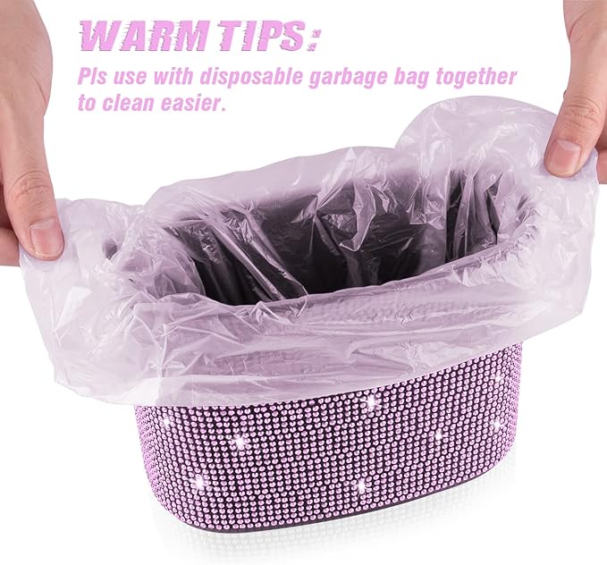 Bling Crystal Auto Trash Can, 100% Leak Proof Car Trash Bin with Storage Pockets, Hanging for Backside/Gearshift/Center Console, Pink