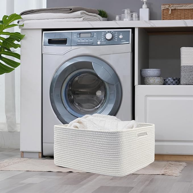 COMFY-HOMI 3 pcs Large Storage Baskets for Shelves, Laundry Basket, Woven Rope Basket, Closet Organizer Bins for Clothes Blan