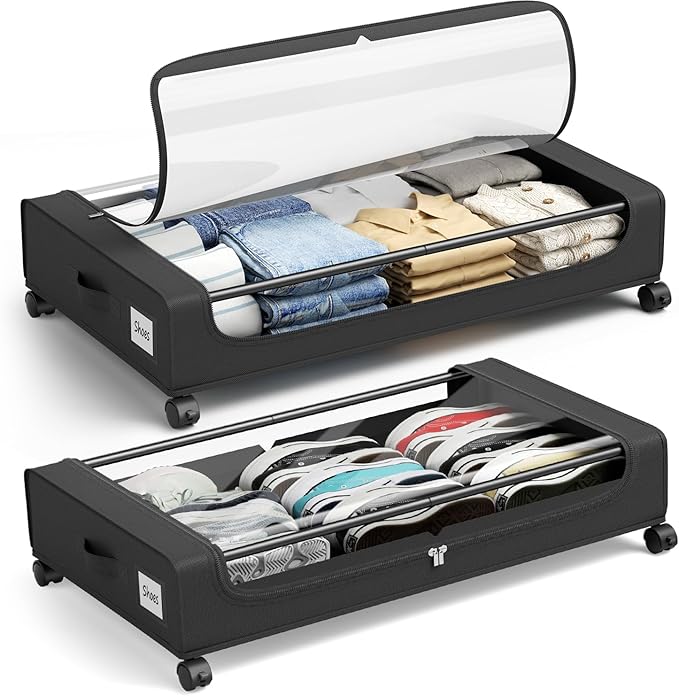 Under Bed Storage Containers with Clear Lid, Large Under Bed Storage with Wheels,6.22"H Under Bed Containers Rolling Under Be