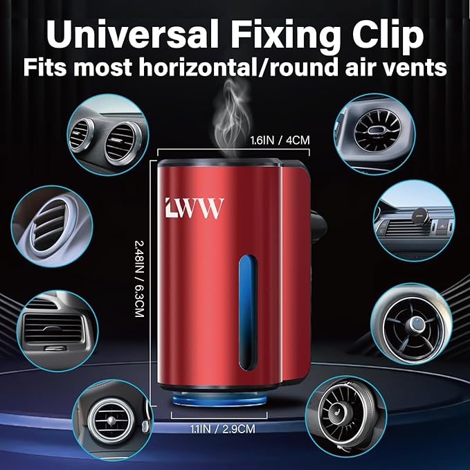 LWW Smart Car Air Freshener - 3 Levels Strength with Ventilation Clip, Rechargeable Car Fragrance Atomizer - with 8 10ml Bott