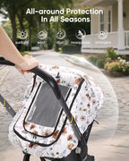 Car Seat Cover Baby Girls, Infant Car Seat Canopy Outdoor, 2 Layers with Mesh and Sun Shade Window for Summer Winter, Easy Ac