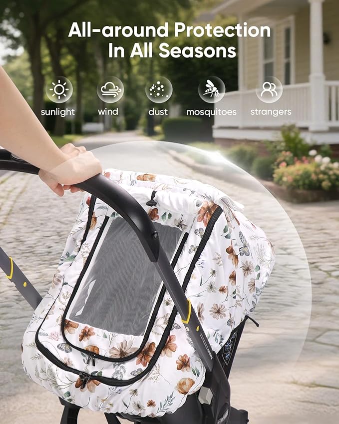 Car Seat Cover Baby Girls, Infant Car Seat Canopy Outdoor, 2 Layers with Mesh and Sun Shade Window for Summer Winter, Easy Ac