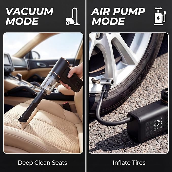 5-in-1 Portable Tire Inflator and Car Vacuum Cordless, 150PSI Smart Air Compressor with Auto Shut-Off, Powerful Suction Handheld Vacuum for Pet Hair, Blower Function, LED Light