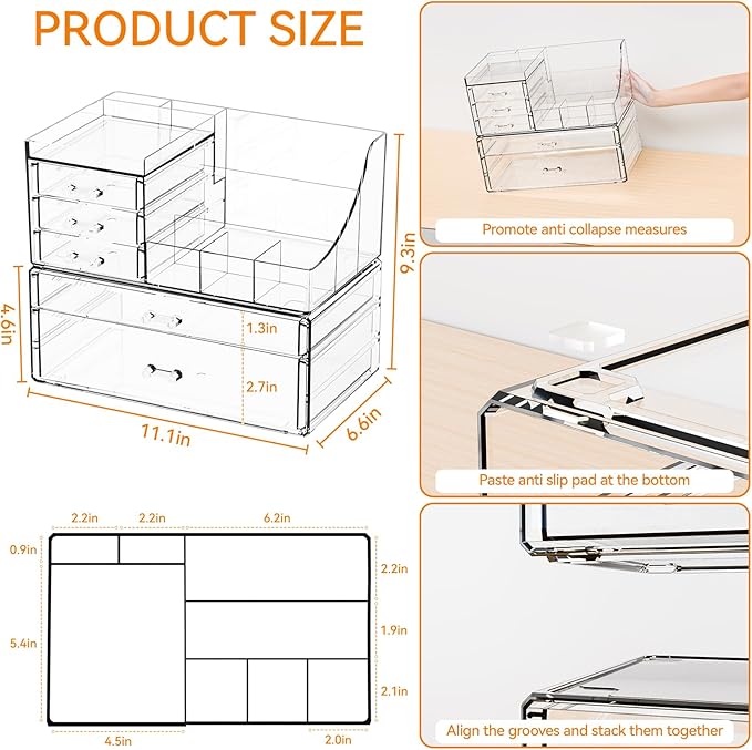 Yieach 2 Pack Clear Makeup Organizer Countertop for Dresser,Vanity and Bathroom Counter Organizer,Tiered Stackable Makeup Acr