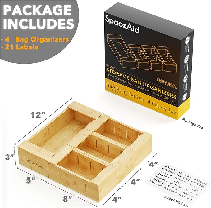 SpaceAid Bamboo Drawer Dividers with Inserts 6 Dividers with 12 Inserts (17-22 in) Bag Storage Organizer for Kitchen Drawer (