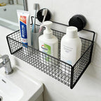 Wall Mounted Wire Basket, Black Metal Storage Organizer with Suction Cups for Kitchen Bathroom