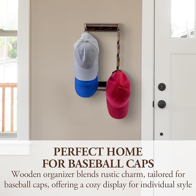 MyGift Wooden Hat Rack Wall Mounted, Baseball Cap Collection Holder Display, Wood Hat Organizer Shelf Storage with 10 Hooks f