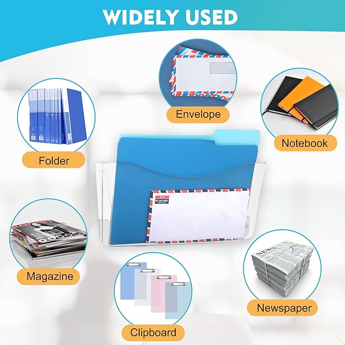 EASEPRES 4 Pack Clear Single Pocket Hanging File Organizer, Plastic Wall Mount Paper Mails Magazines Holder, Mounted Folder B