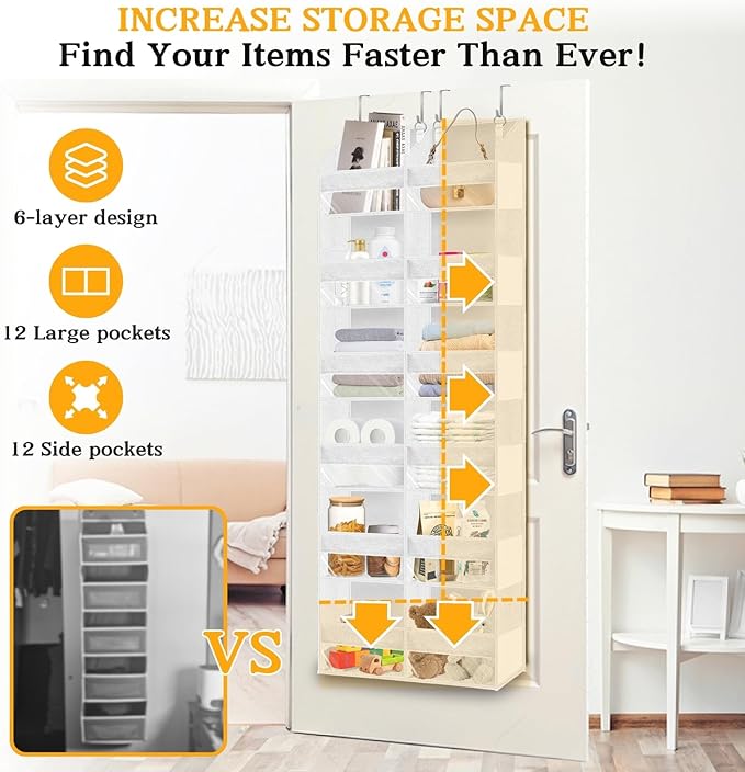 Over The Door Organizer 6 Tiers, Extra Large Behind Door Storage of 12 Compartments, 80 lbs Weight Capacity Hanging Storage O
