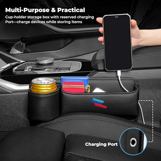 2 PCS Car Seat Gap Filler Organizer, Thickened Anti-Slip Leather Car Seat Crevice Storage Box with Cup Holder for BMW X3 X5 X7 X1 X6 X4 X1 X2 3 4 5 7 1 2 Accessories, with Sporty M 3-color logo