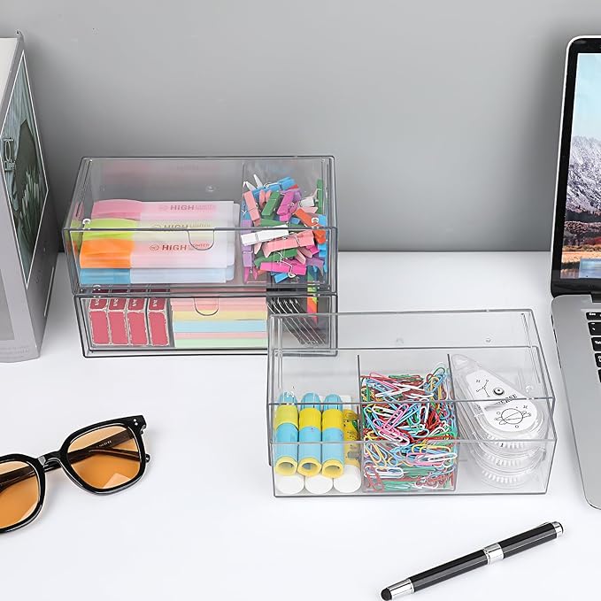 Hipiwe Acrylic Storage Drawers 3-Tier Stackable Bathroom Makeup Organizer Cotton Swabs Qtip Holder for Vanity Cosmetics Clear