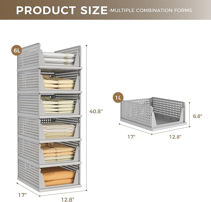 Pinkpum Grey 6 Pack Closet Organizers Storage Bins, Stackable Plastic Drawer Basket for Clothing, Stackable Storage Bins Shel