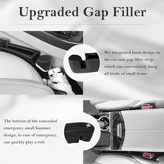 Car Seat Gap Filler 2 Pack with Organizer Hook & Emergency Glass Breaker Prevent Small Items & Tools from Falling Ultimate Seat Side Gap Fits Cars, SUVs, Trucks & Sedans