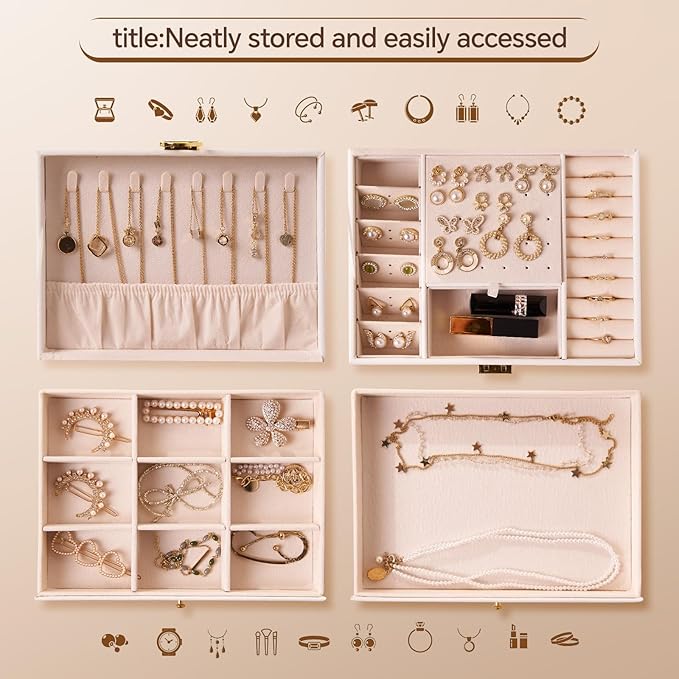 3 Layer Jewelry Box, Jewelry Holder Organizer with Jewelry Organizer Drawer, Large Jewelry Boxes & Organizer with Velvet Earr