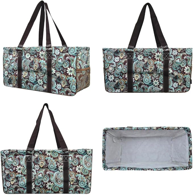 NGIL Extra Large Utility Tote Reusable Grocery Organizing Bag Oversized Collapsible for Storage, Picnic,Car, Beach (Teal Paisley-Brown)
