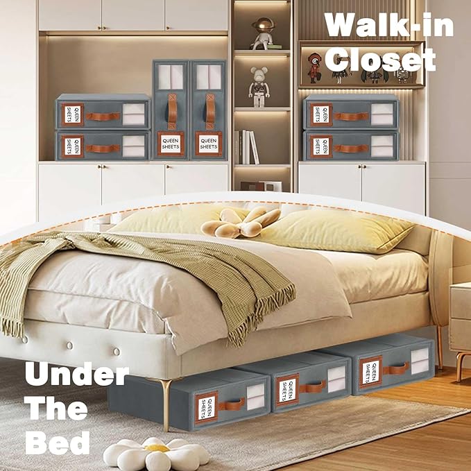 GhvyenntteS 6 Pack Bed Sheet Organizers and Storage, Sturdy Bed Sheet Organizer with Zipper and Handle, Foldable Linen Closet