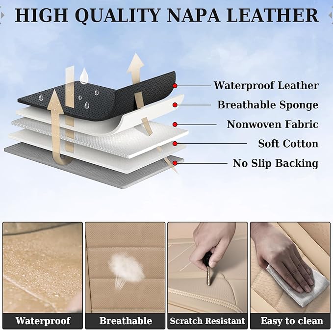Coverado Front and Back Seat Covers for Cars, Nappa Leather Car Seat Covers, Automotive Seat Covers for Trucks, 5 Seats Water