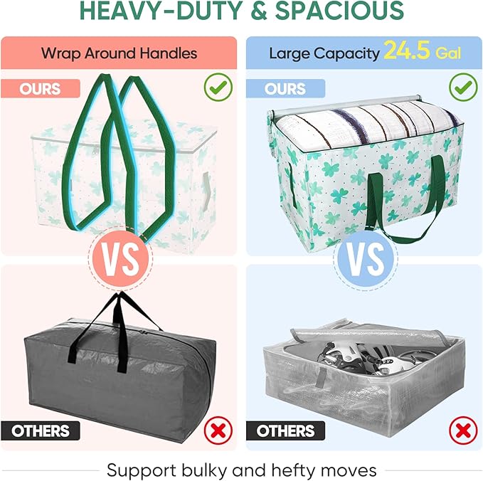 BALEINE 2-Pack Oversized Moving Bags with Reinforced Handles, Heavy-Duty Storage Tote for Clothes, Moving Supplies (Clover, 2