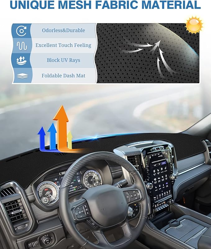 FIILINES Dash Cover for Dodge Ram 1500 2500 3500 2019-2026, Upgraded Breathable Dashboard Cover Soft Mesh Fabric Dash Mat Sun