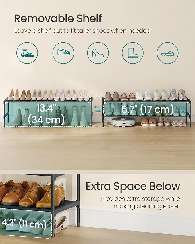 SONGMICS Shoe Rack, 2-Tier Shoe Storage Organizer, Space-Saving, 11.7 x 36.1 x 12.2 Inches, Entryway, Metal Frame, Non-Woven 