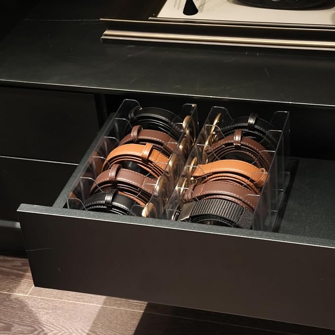 Belt Organizer - 2 Pack Clear Stackable Belt holder For Closet Drawer Storage - 5 Compartments with Removable Dividers, Multi