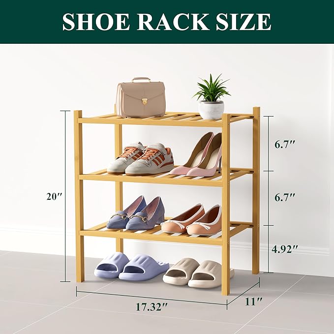 Smiry Bamboo Shoe Rack for Closet, 3 Tier Small Wooden Stackable Shoe Organizer, Free Standing Shoes Storage Shelf for Entryw