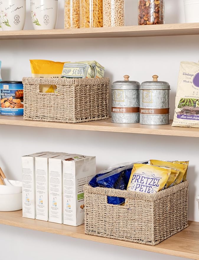 StorageWorks Wicker Storage Baskets, Handwoven Seagrass Basket for Organizing, Decorative Wicker Baskets with Built-in Handle