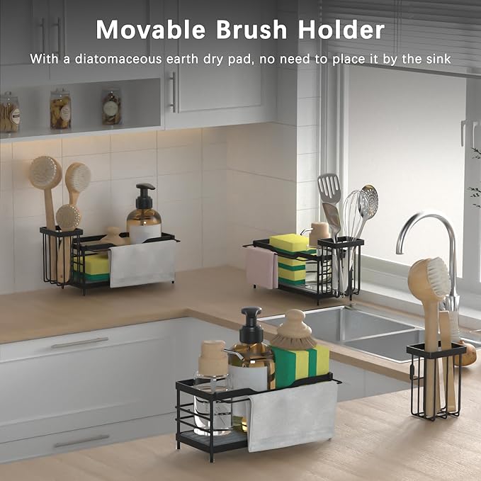 Sponge Holder for Kitchen Sink,Sink Caddy Organizer With Stone Drying Tray, Stainless Steel Kitchen Countertop Organizer for 