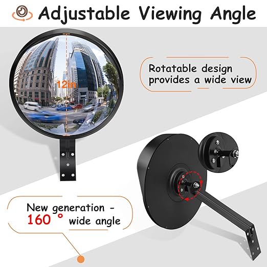 Arcylic Convex Mirror 𝟭𝟮" 𝗦𝗲𝗰𝘂𝗿𝗶𝘁𝘆 𝗠𝗶𝗿𝗿𝗼𝗿, Adjustable Fixing Bracket Wide Angle Clear View for Indoor Outdoor Driveway Parking Garage Warehouse Office (12 inch)