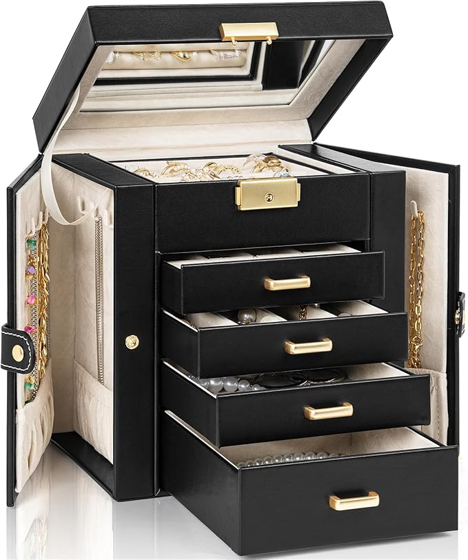 AKOZLIN 5-Tier Jewelry Box Leather Jewelry Storage Organizer with 4 Drawers Lockable for Women Girls Ring Necklace Earring Br