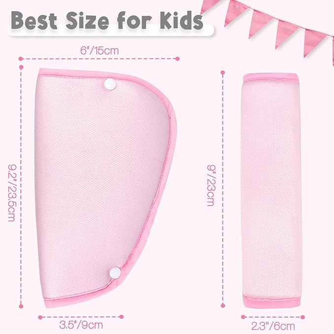Kids Seat Belt Cover Pads, Universal Seat Belt Adjuster for Kids, HNHUAMING Kid's Shoulder & Belly Protective Padding for Travel, Soft Breathable Car Seat Straps Pads for Children, Pink