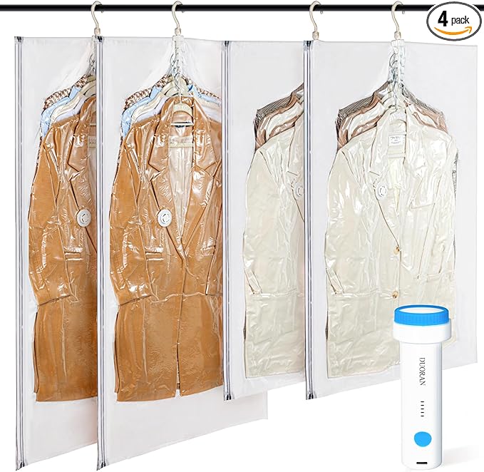 Hanging Vacuum Storage Bags with Electric Pump – 4-Pack Hanging Vacuum Seal Bags for Clothing, Space-Saving Compression Bags 