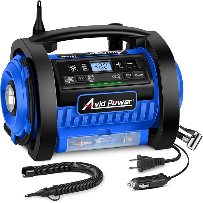 AVID POWER Tire Inflator Portable Air Compressor, 12V DC 110V AC Car Tire Pump, Air Mattress Pump with Inflation and Deflation Modes, Dual Powerful Motors, Digital Pressure Gauge