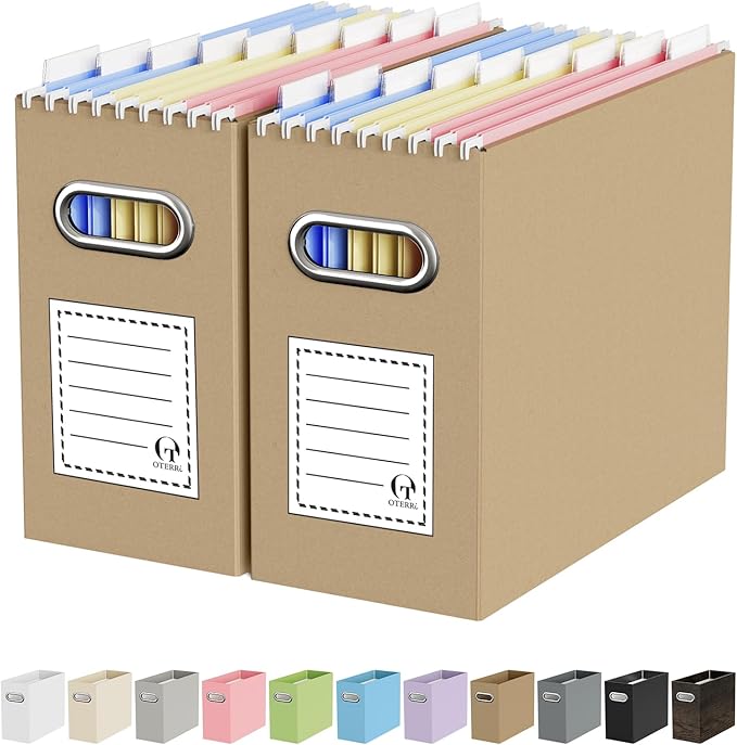 Oterri File Organizer Box, Portable Collapsible Cardboard File Folder Organizer with Handle for Letter Size Hanging Files, Do