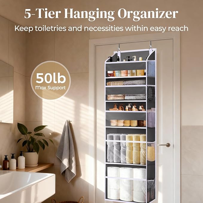 5 Tiers Over Door Organizer with 10 Mesh Side Pockets, 44 lbs Weight Capacity Hanging Storage Organizer with Clear Window Kid