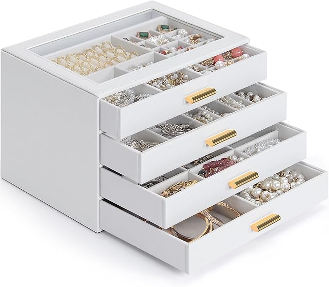 AKOZLIN Jewelry Box with Clear Lid Functional Leather Jewelry Storage Organizer Case 4 Drawers for Women Girls Necklace Ring 