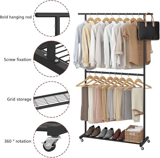 Sywhitta Double Rod Clothing Garment Rack, Rolling Coat Hanger with Bottom Mesh, Clothing Rack for Hanging Clothes, Coats, Sk