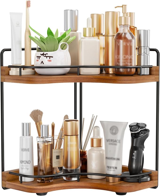 2-Tier Corner Bathroom Counter Organizer with Embedded Screw Holes, Secure & Stable Wood Vanity Shelf for Makeup and Skincare