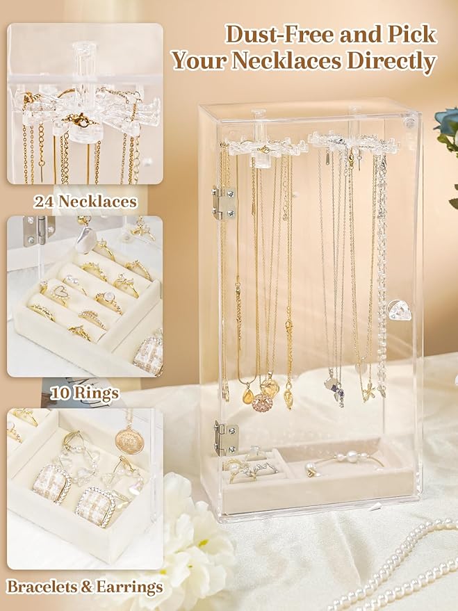Necklace Holder, Acrylic Necklace Organizer, Rotatable Clear Jewelry Holder Organizer Display Case for Long Necklaces Pendant