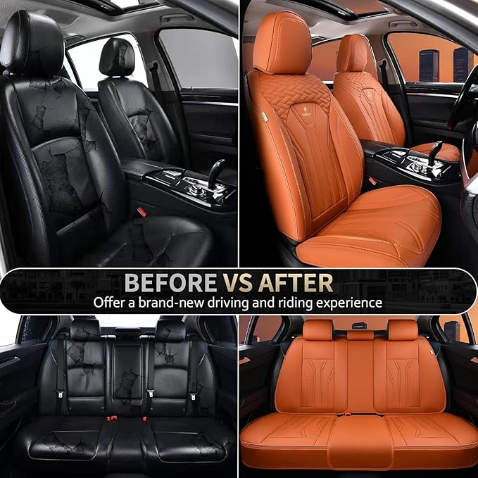 FLORICH Car Seat Covers Full Set Orange Seat Cover Front Seats and Back Leather Seat Covers for Cars Waterproof Car Seat Cush