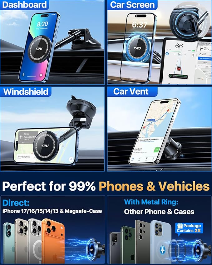 YRU Upgraded Magnetic Phone Holder Car【Patented & Super Magnet】 for MagSafe Mount Dashboard Windshield Vent Magnet Phone Cradle Stand for iPhone 17 16 15 14 13 12 Pro Max Samsung Truck, Black