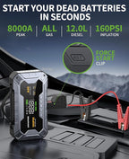8000A 160PSI Jump Starter with Air Compressor, 12V Car Battery Jump Starter Power Bank(All Gas/12L Diesel), Car Starter with